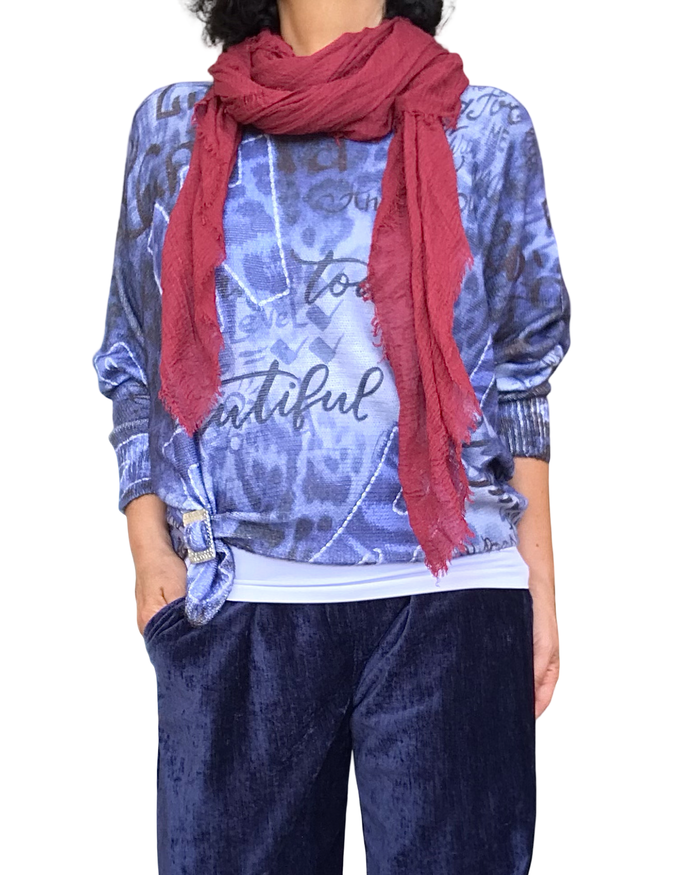 Chandail en tricot imprimé de lettres bleu manche longue