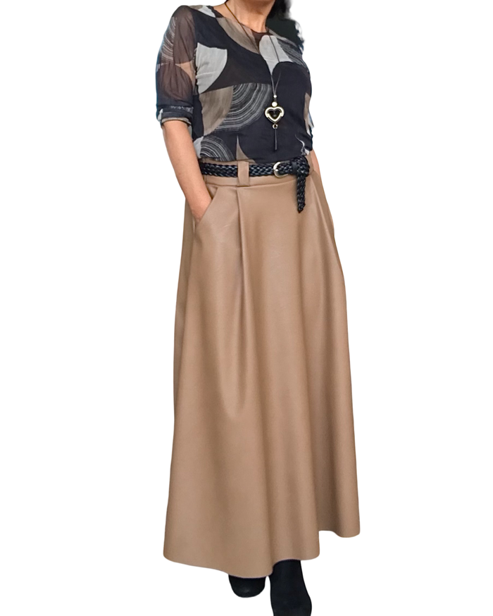 Jupe longue camel en similicuir, coupe ligne A
