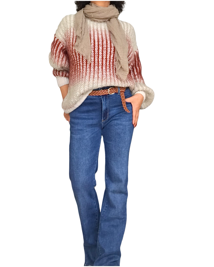 Chandail col rond en tricot grosses mailles 3 couleurs