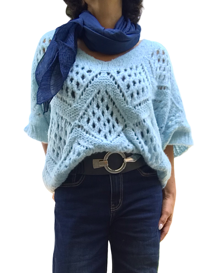 Chandail uni en tricot aqua à grandes mailles col en V