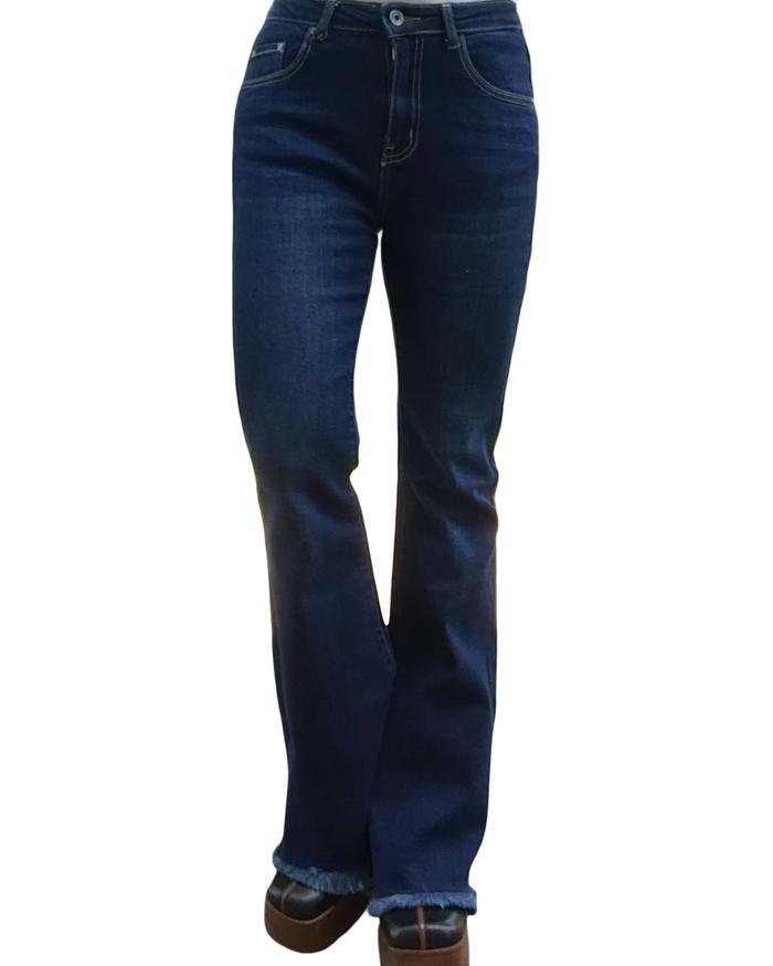 Jeans flare bleu foncé 30 pouces de jambes, frangé au bas