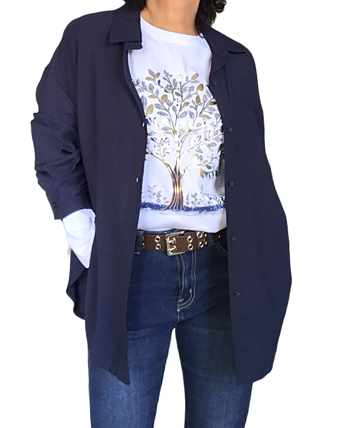 T-shirt manche longue blanc avec l’arbre de vie dorée et marine