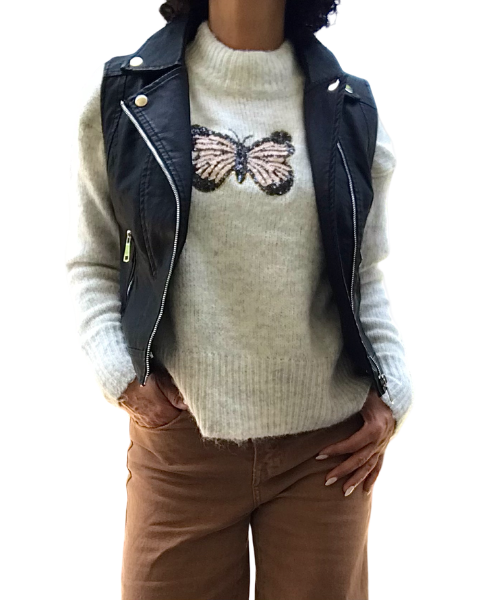 Veste en similicuir noire, sans manche style perfecto