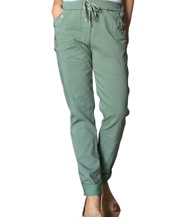 Pantalon vert olive à taille élastique avec cordon et boutons décoratifs
