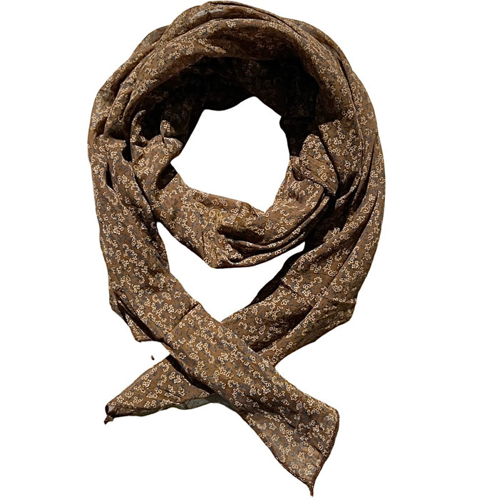 Foulard noisette petit fleuri blanc et marine 20% soie et 80% coton