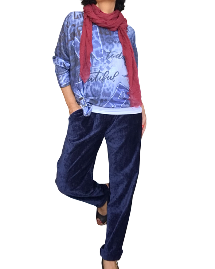 Chandail en tricot imprimé de lettres bleu manche longue