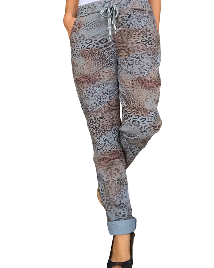 Pantalon bleu motifs léopard à taille élastique avec cordon