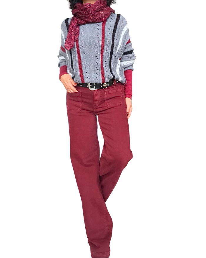 Chandail en tricot gris en pointel rayures verticales, manche longue