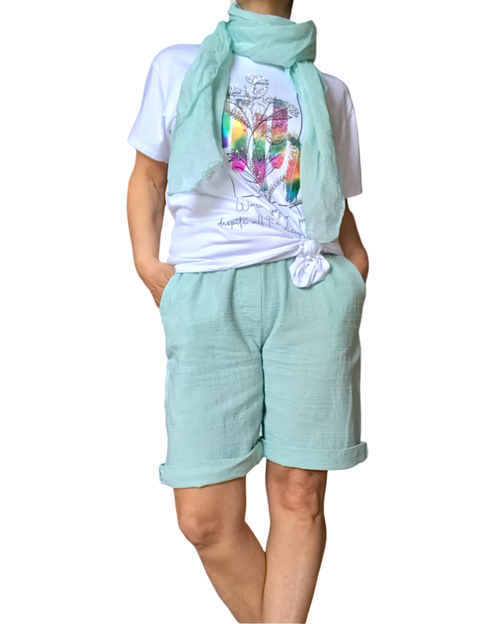 Bermuda coton tissé aqua, taille élastique avec cordon