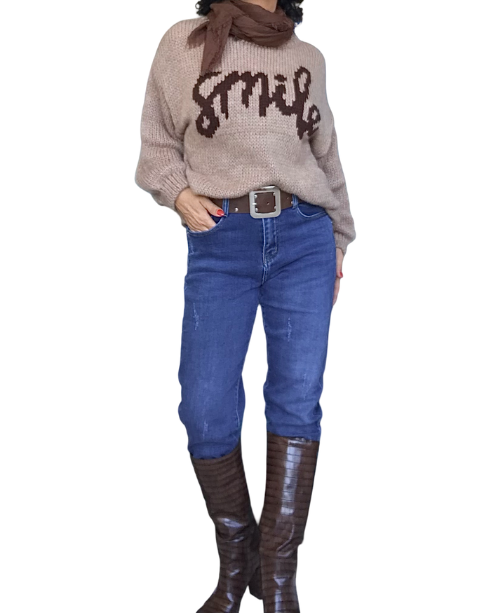 Chandail uni en gros tricot beige « SMILE »