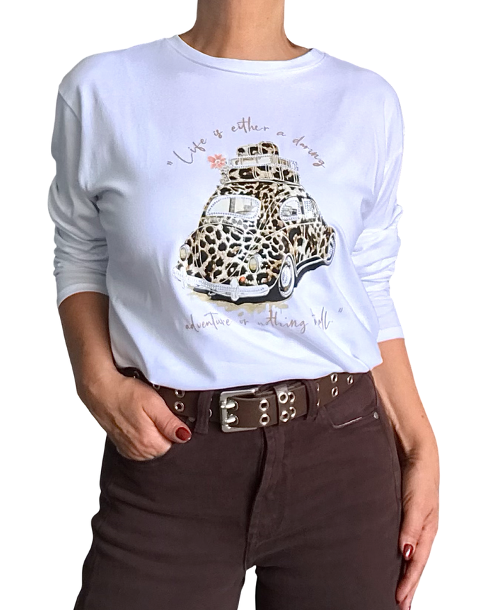 T-shirt manche longue blanc avec voiture coccinelle