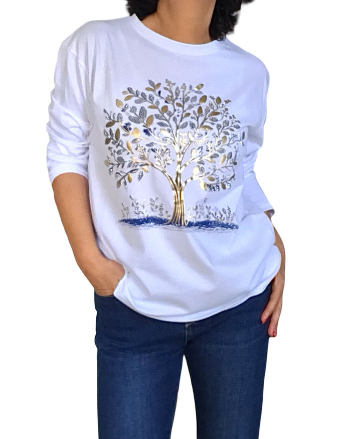 T-shirt manche longue blanc avec l’arbre de vie dorée et marine