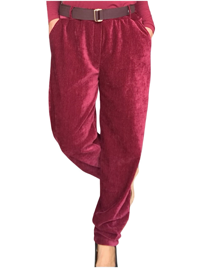 Pantalon rouge vin en velours taille élastique