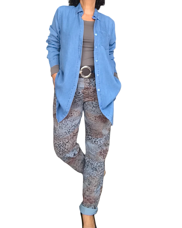 Pantalon bleu motifs léopard à taille élastique avec cordon