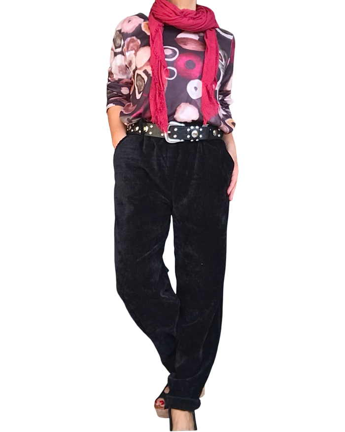 T-shirt manche longue noir col rond imprimé de cercles rouge vin, crème, kaki et noisette