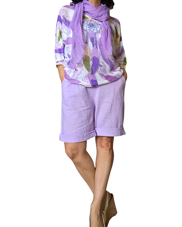 Bermuda coton tissé lilas, taille élastique avec cordon