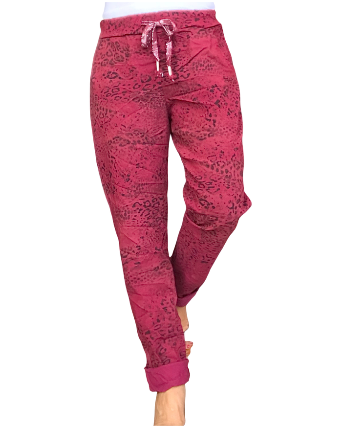 Pantalon rouge vin motifs léopard à taille élastique avec cordon