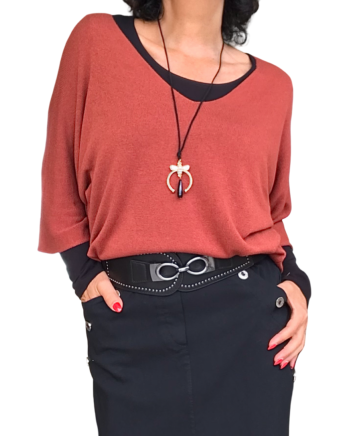 Chandail uni orange brulé , col en V manche 3/4