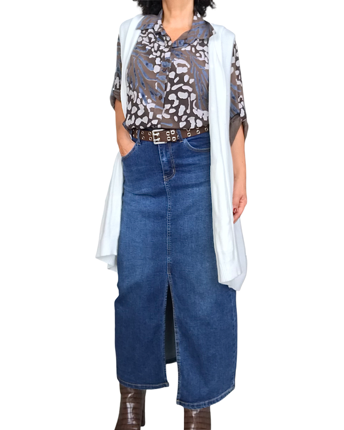 Jupe jeans longue bleu moyen 31 pouces, taille au nombril