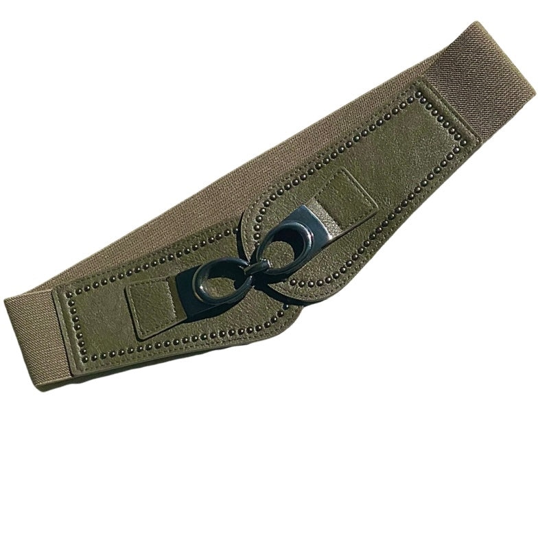 Ceinture élastique / similicuir kaki avec boucle cloutée couleur étain