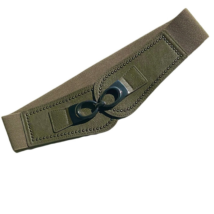 Ceinture élastique / similicuir kaki avec boucle cloutée couleur étain