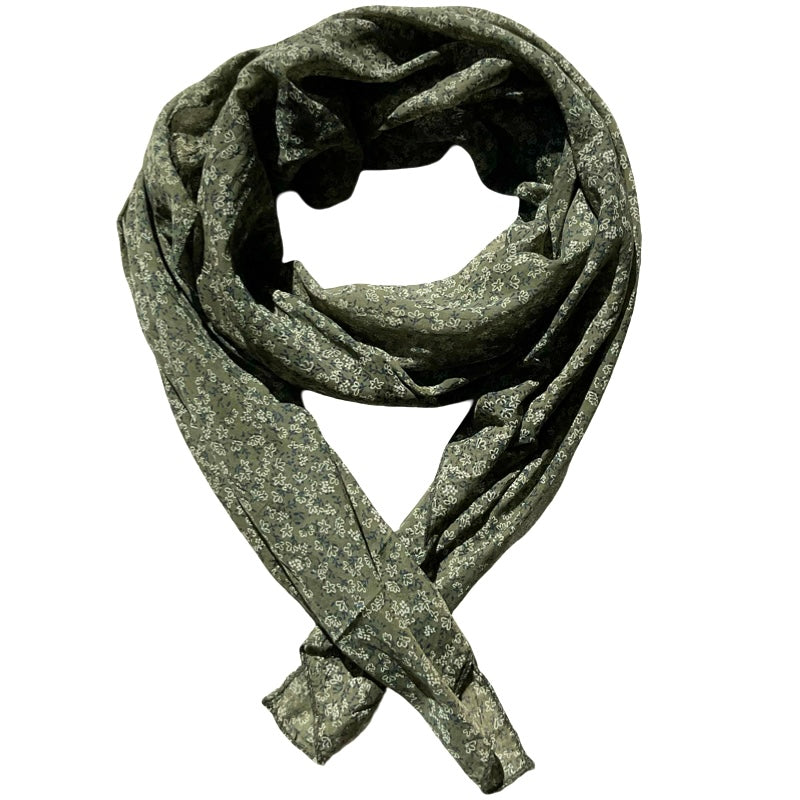 Foulard kaki petit fleuri blanc et marine 20% soie et 80% coton