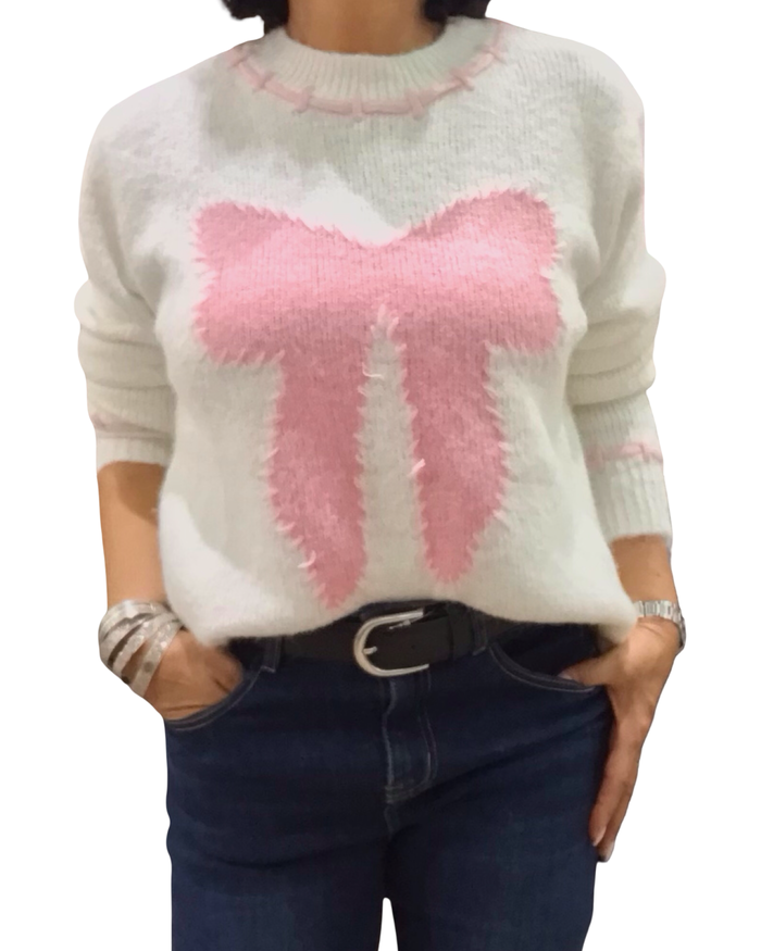 Chandail col rond blanc en tricot avec une boucle devant