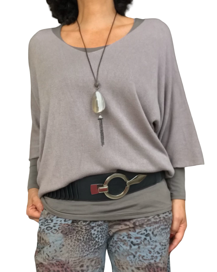 Chandail uni moka en tricot léger à manche 3/4 col en V