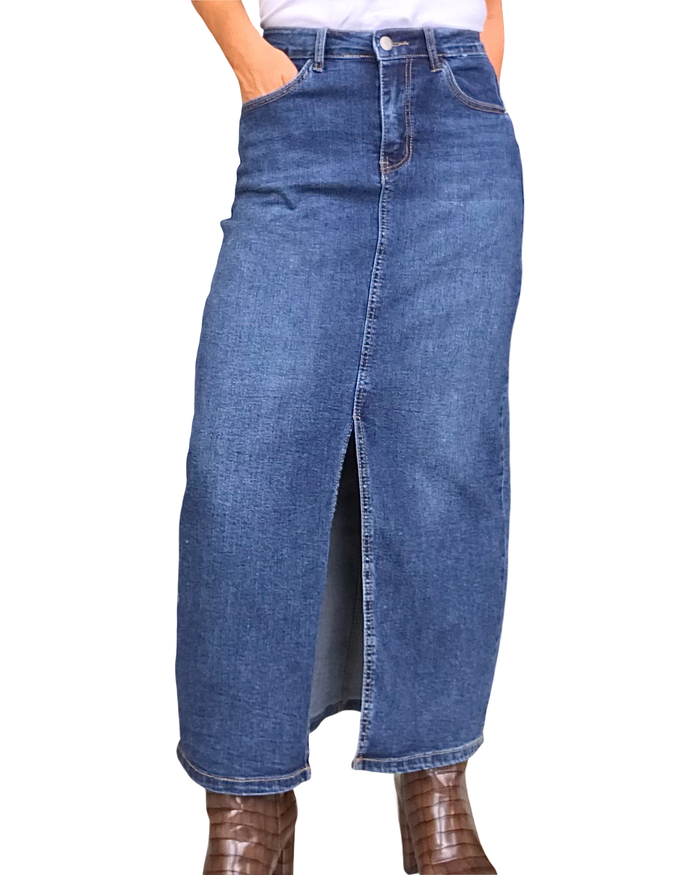Jupe jeans longue bleu moyen 31 pouces, taille au nombril