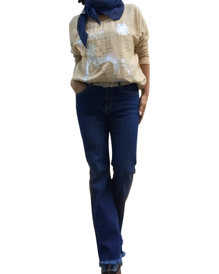 T-shirt manche longue camel avec imprimé argenté de fleur