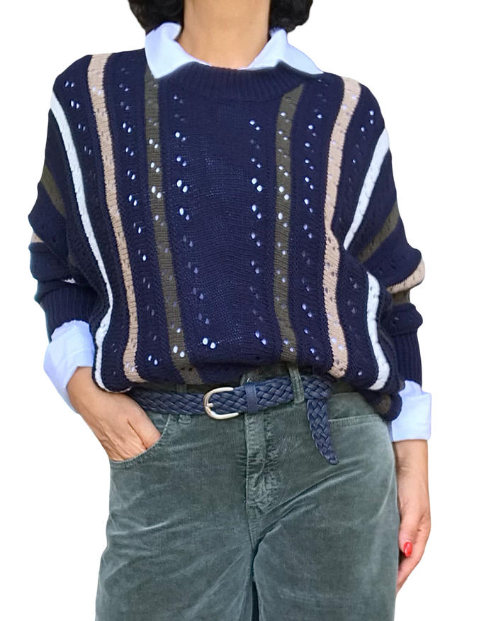Chandail en tricot marine en pointel rayures verticales, manche longue
