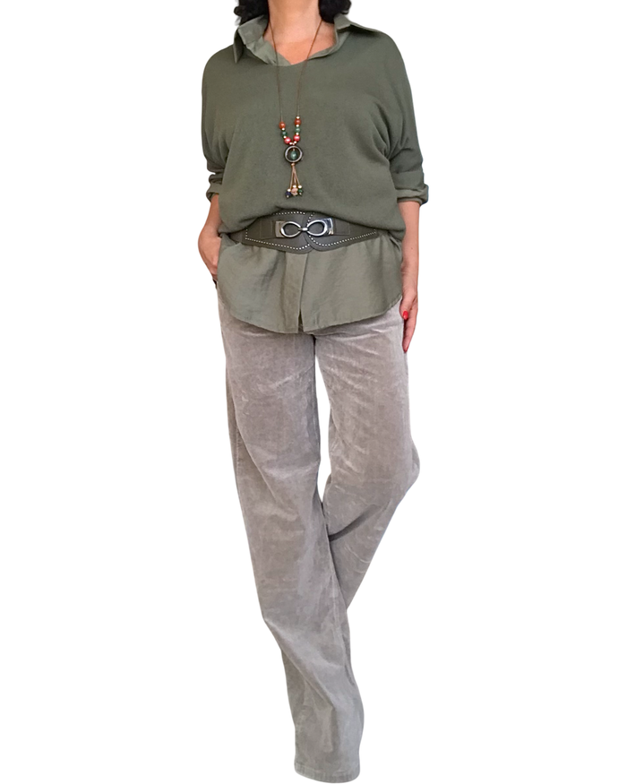 Chandail uni kaki, col en V manche 3/4