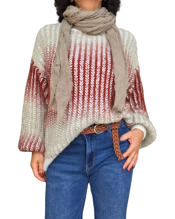 Chandail col rond en tricot grosses mailles 3 couleurs