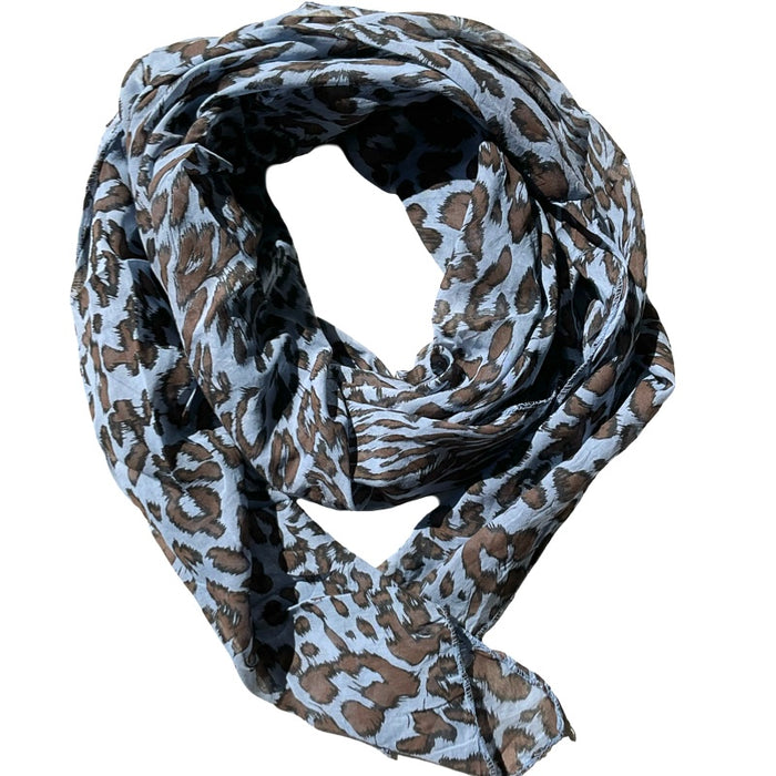 Foulard bleu jeans imprimé léopard brun 20% soie et  80%coton