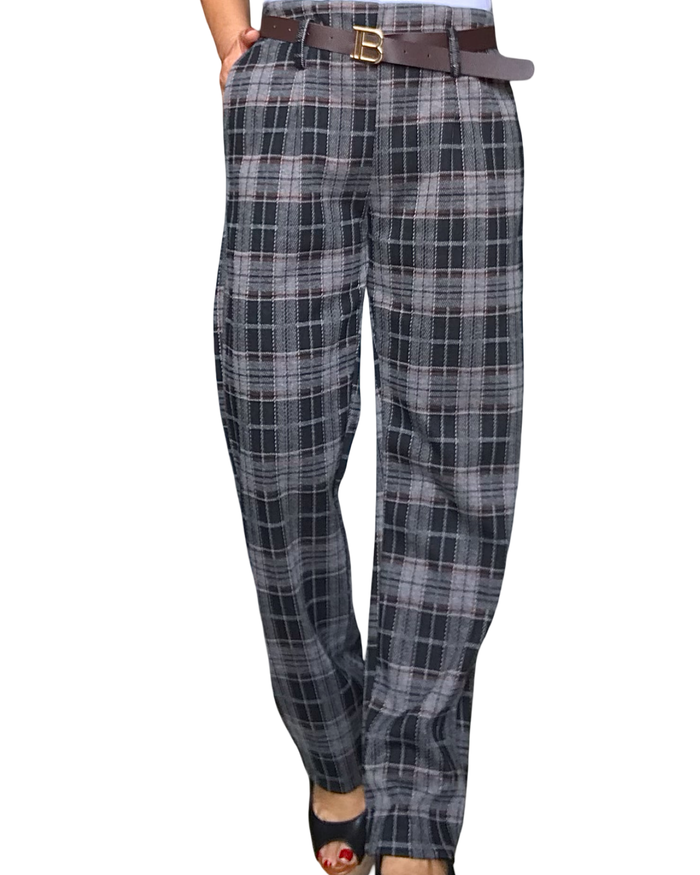 Pantalon à carreaux gris, noir et brun, jambe droite taille élastique