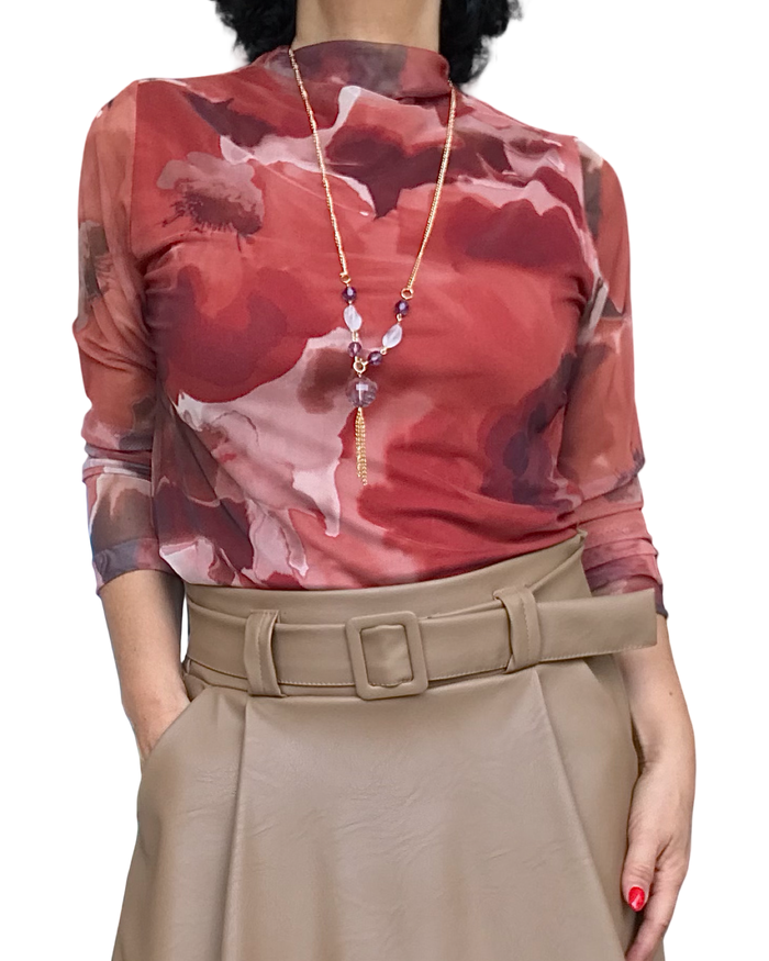 Chandail à manches longues en voile col montant motif floral rouille