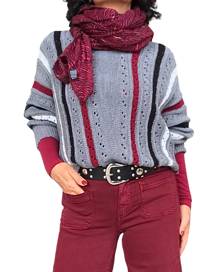 Chandail en tricot gris en pointel rayures verticales, manche longue