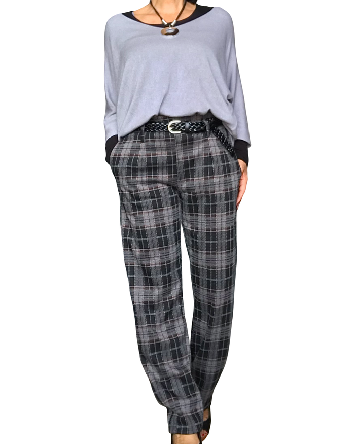Pantalon à carreaux gris, noir et brun, jambe droite taille élastique