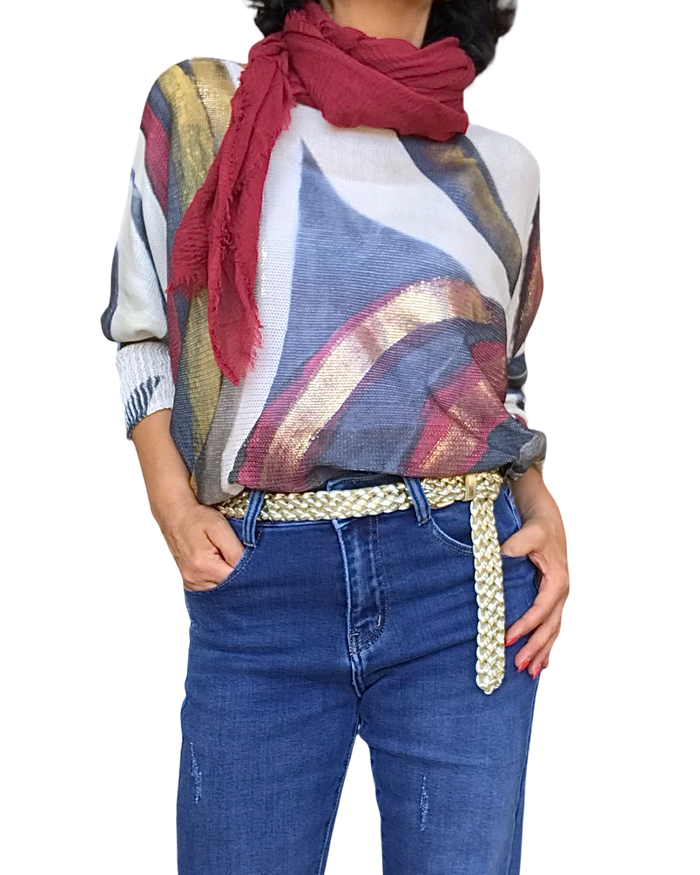 Chandail imprimé abstraits crème, rouge vin, gris et marine avec des traits dorés