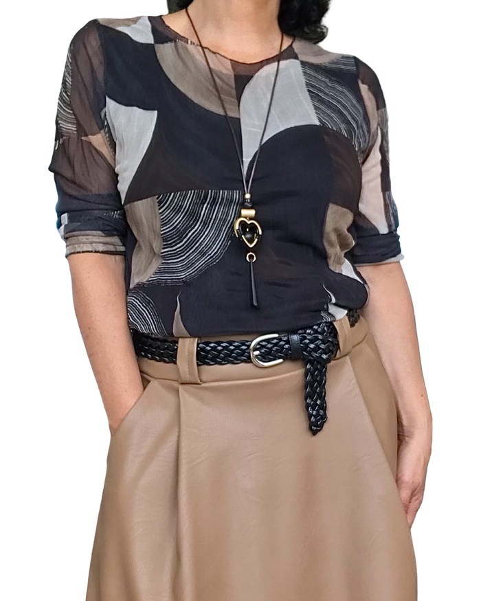 Chandail à manches longues en voile imprimé de demi-cercles noirs, brun et moka