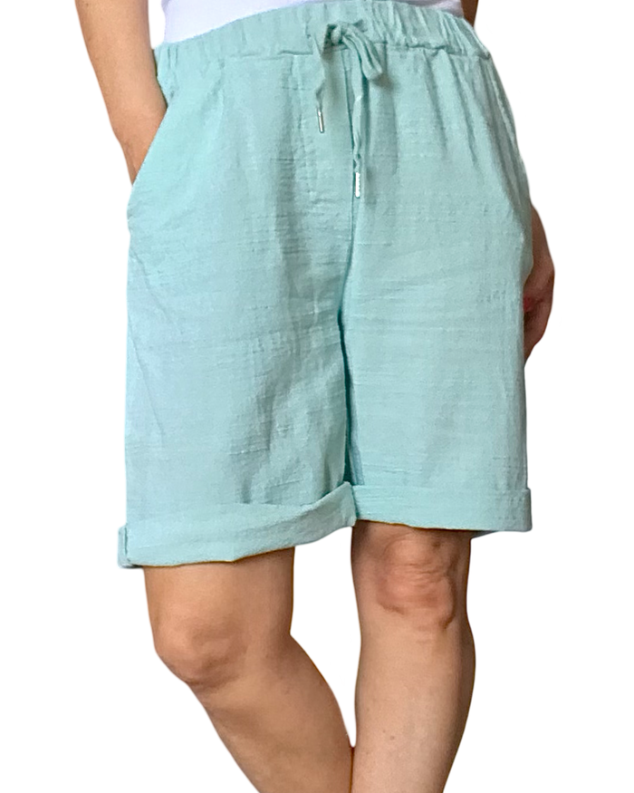 Bermuda coton tissé aqua, taille élastique avec cordon