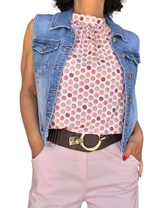Camisole noué au cou blanc cassé à pois rose pâle et moka