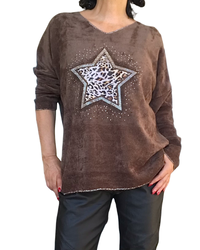 Chandail brun col en V en velours chenille avec une étoile en léopard