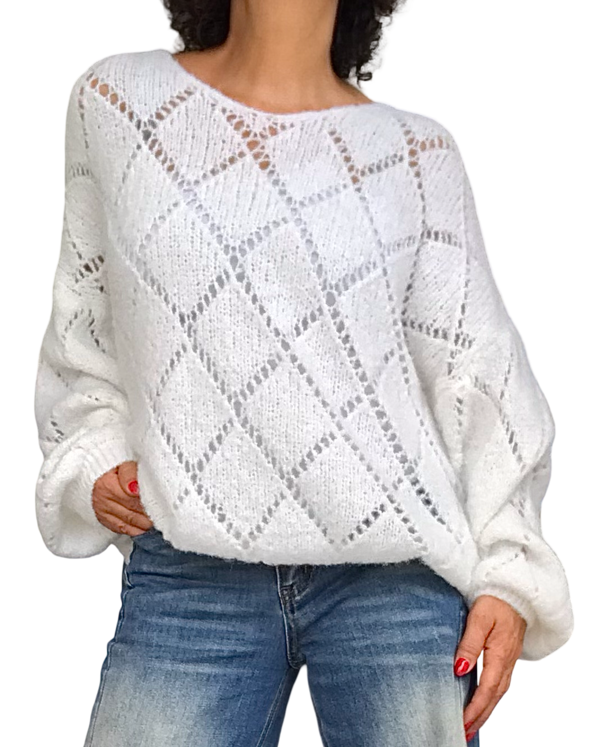 Chandail uni blanc en tricot motif losange, col en V, manche longue