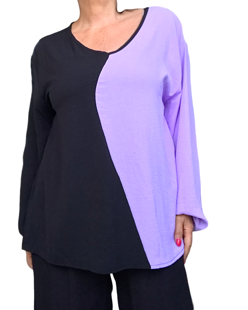 Blouse manches longues légère col en V color bloc noir et lilas