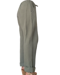 Pantalon olive à taille élastique avec cordon tissus texturé de coté.