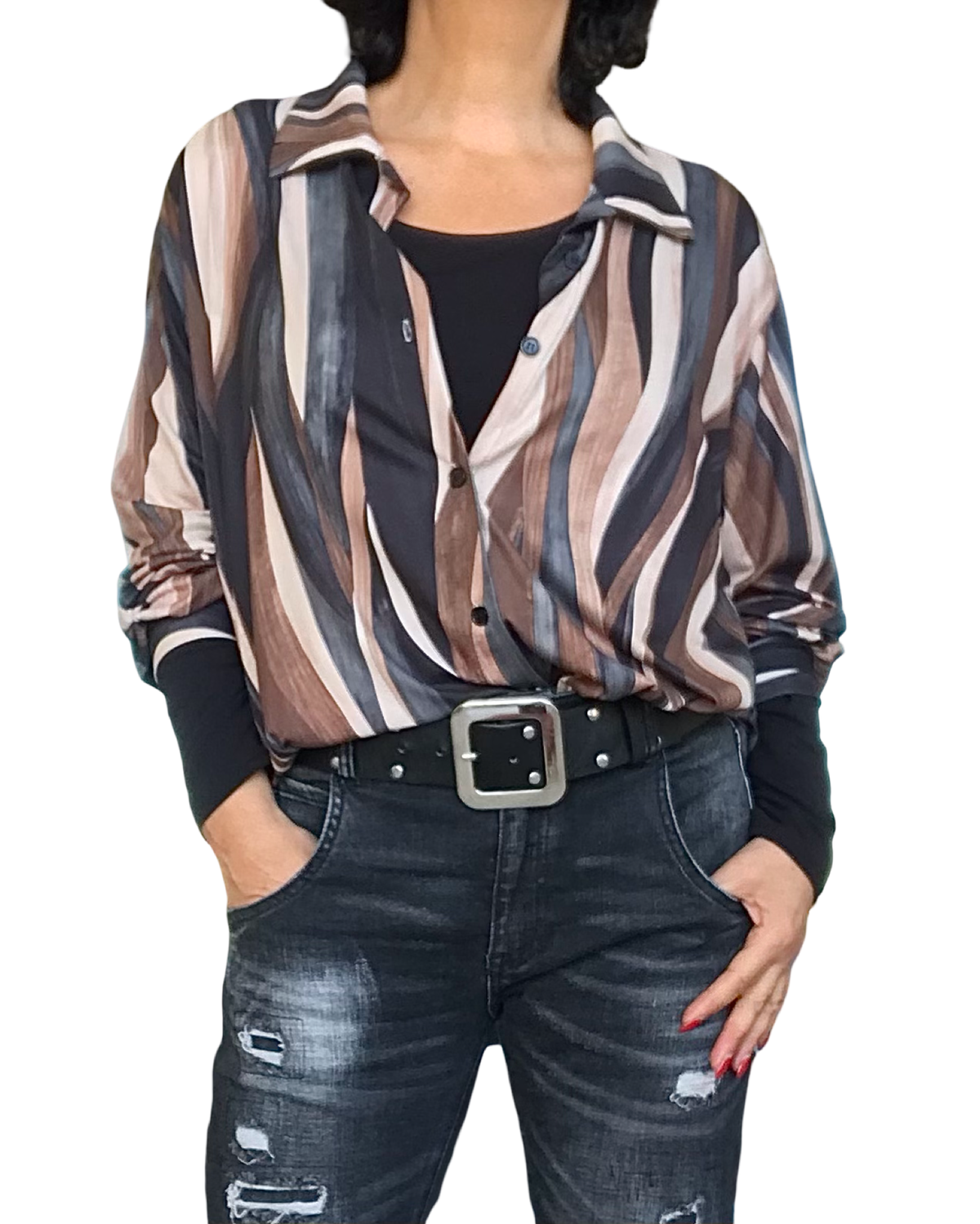 Chemise motif d’arty noir, beige, moka, brun et gris à manche longue