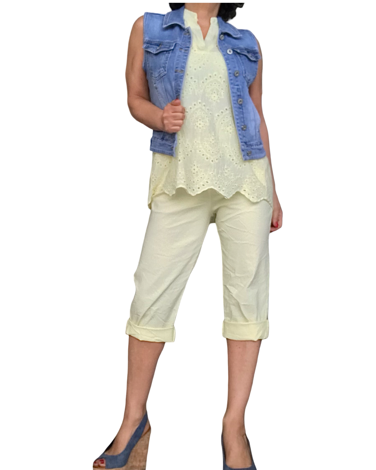 Capri jaune pâle à taille élastique avec cordon