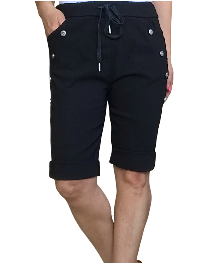 Bermuda noir à taille élastique avec cordon et boutons décoratifs