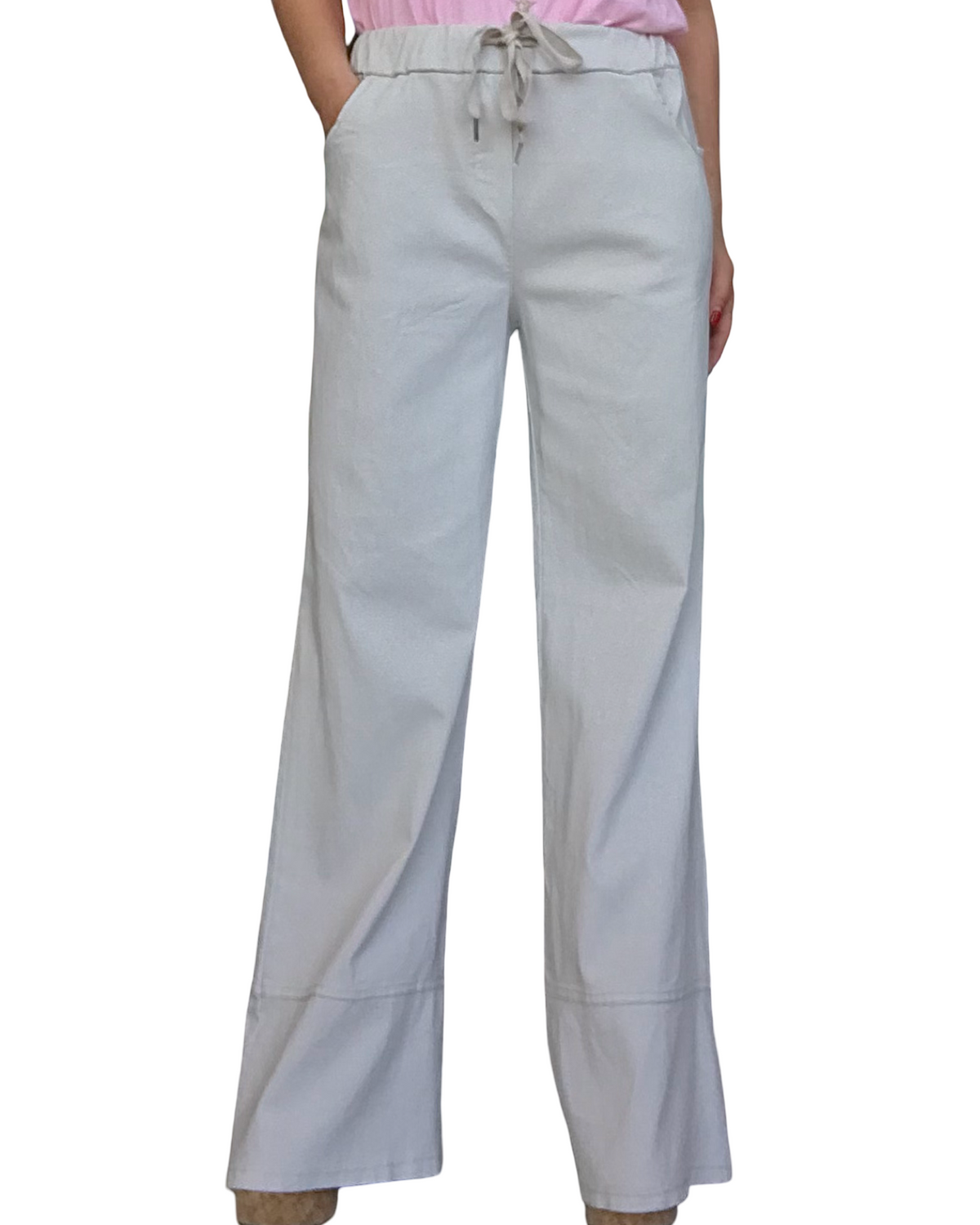 Pantalon jambe droite beige taille élastique avec cordon